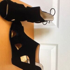 Thalia Sofia Dara black faux suede caged wedge sandal wide width